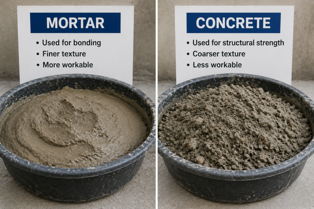 Mortar vs Concrete Side-by-side comparison of mortar texture and concrete texture