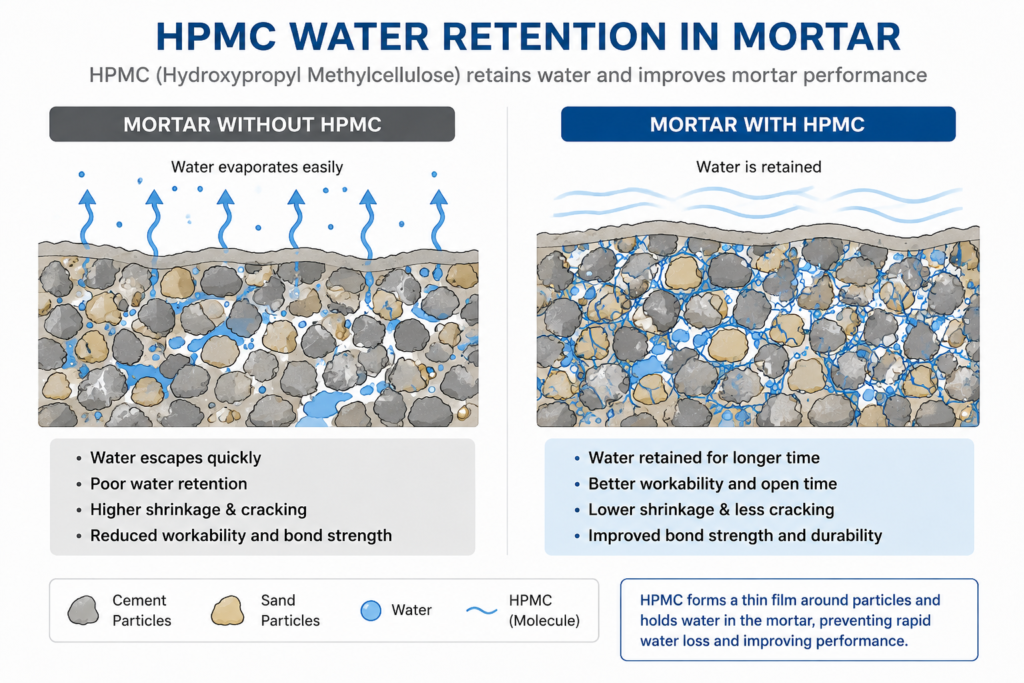 HPMC Water Retention in Mortar Diagram showing HPMC retaining water in mortar