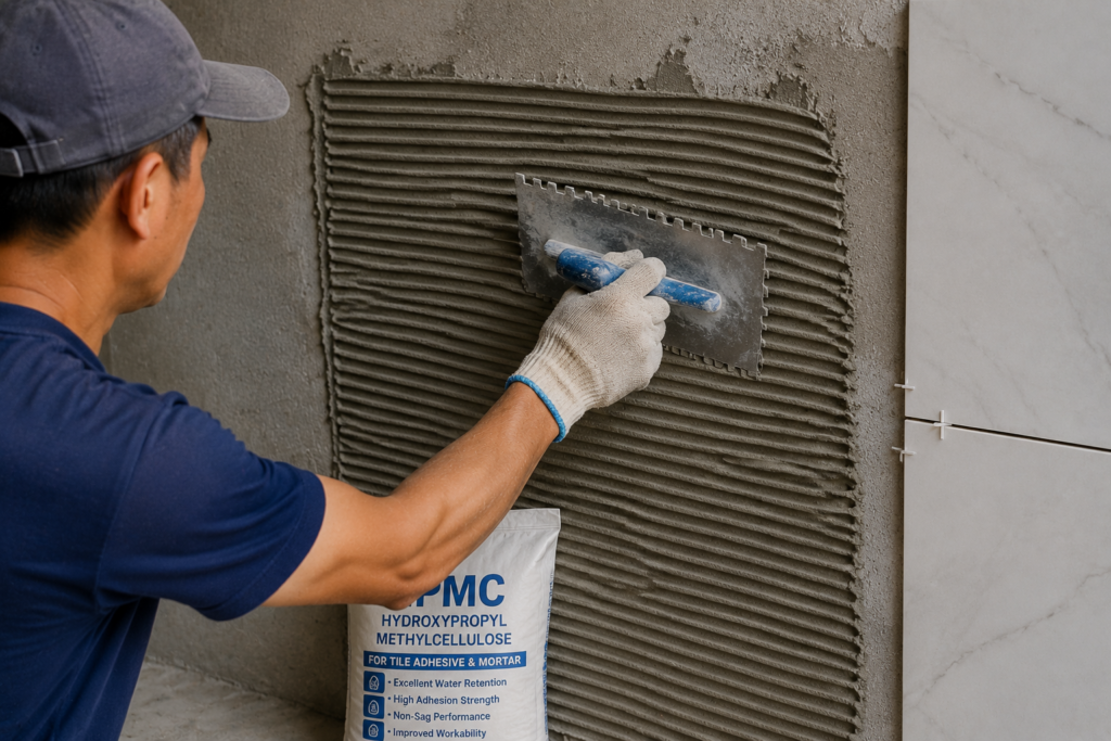 HPMC provides excellent mortar adhesion Worker applying non-sag tile adhesive to a wall