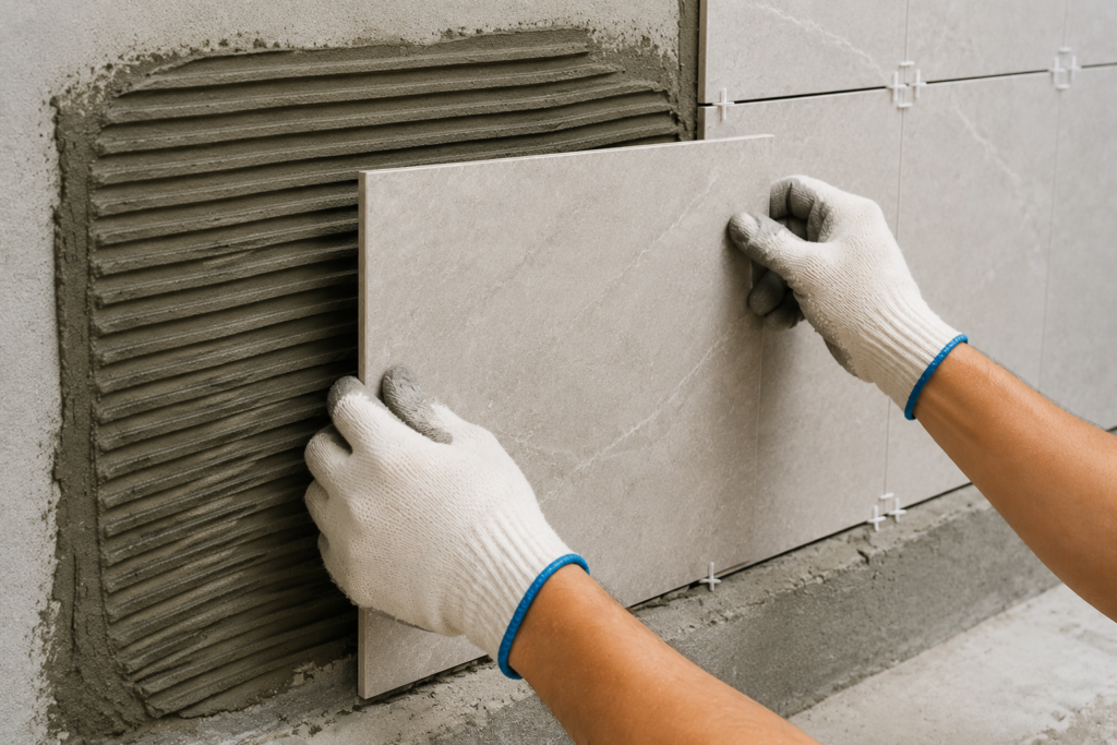 Extended open time with HPMC modified mortar Hand adjusting a tile on a wall with plenty of time