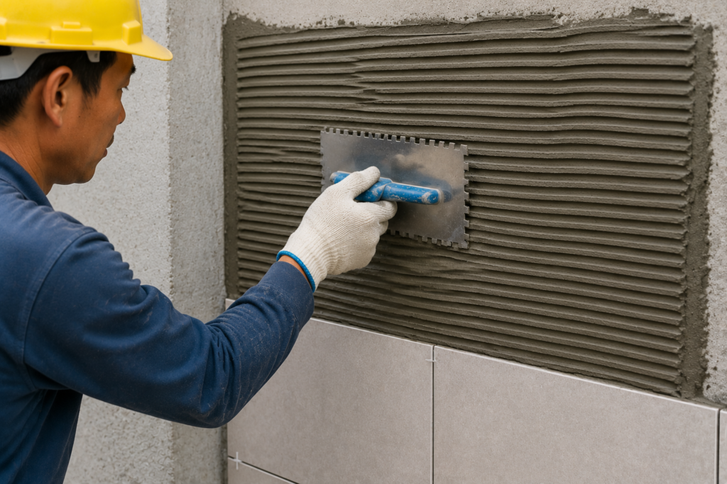 Improving Mortar Adhesion with Proper Technique Worker correctly applying mortar with a notched trowel