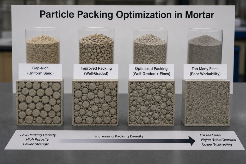 Particle packing optimization in mortar Particle packing optimization in mortar