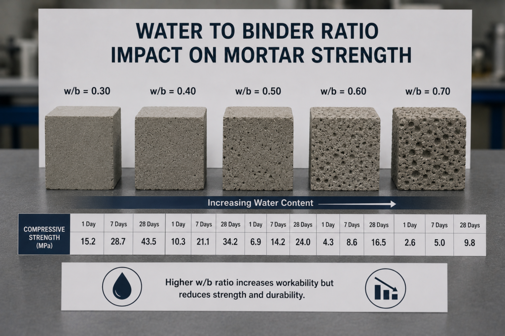 Water to binder ratio impact on mortar strength Water to binder ratio impact on mortar strength