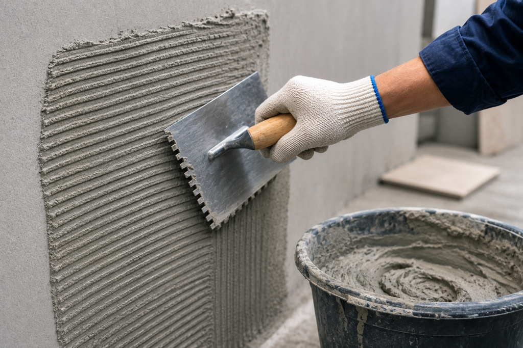 Applying polymer-modified mortar with notched trowel Polymer-modified mortar application