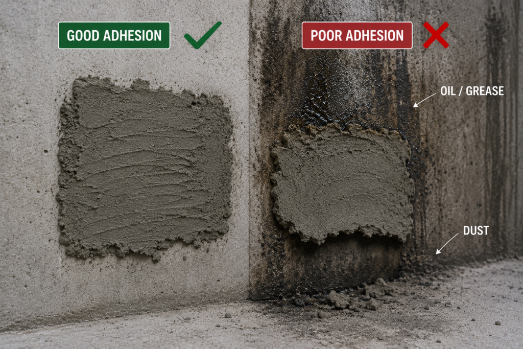 Oil and dust contamination on surface Surface contamination affecting mortar adhesion