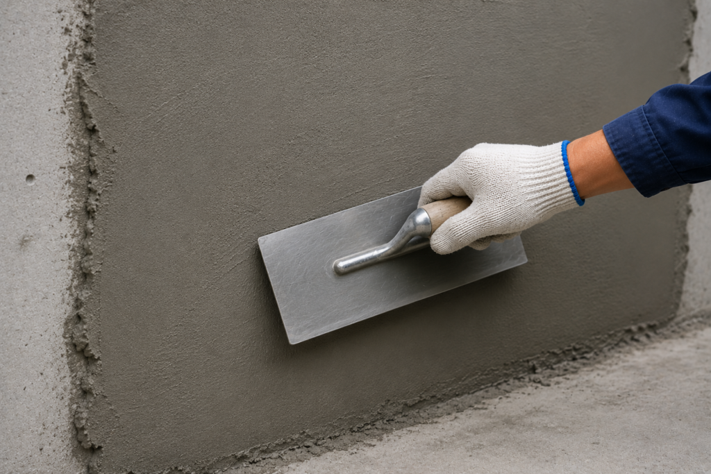 Steel trowel creating smooth mortar finish Smooth mortar finishing technique