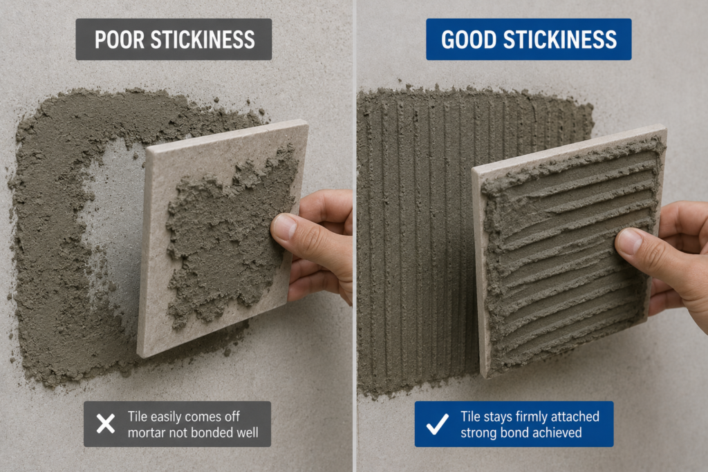 Tile adhesion test showing improved stickiness Testing mortar stickiness with tile