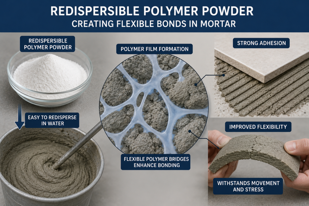 Redispersible polymer powder creating flexible bonds in mortar