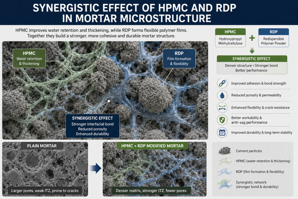 Synergistic effect of HPMC and RDP in mortar microstructure