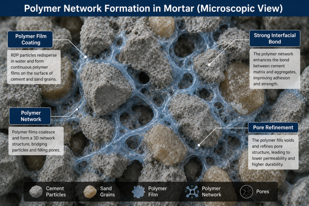 Polymer network formation in mortar microscopic view