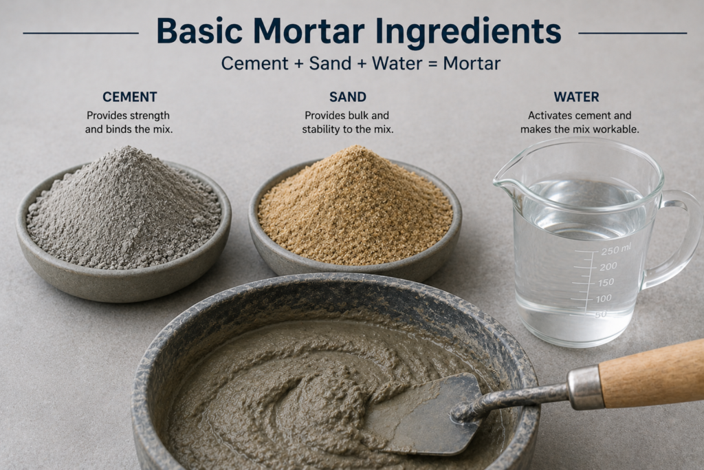 Basic mortar ingredients - cement, sand, and water