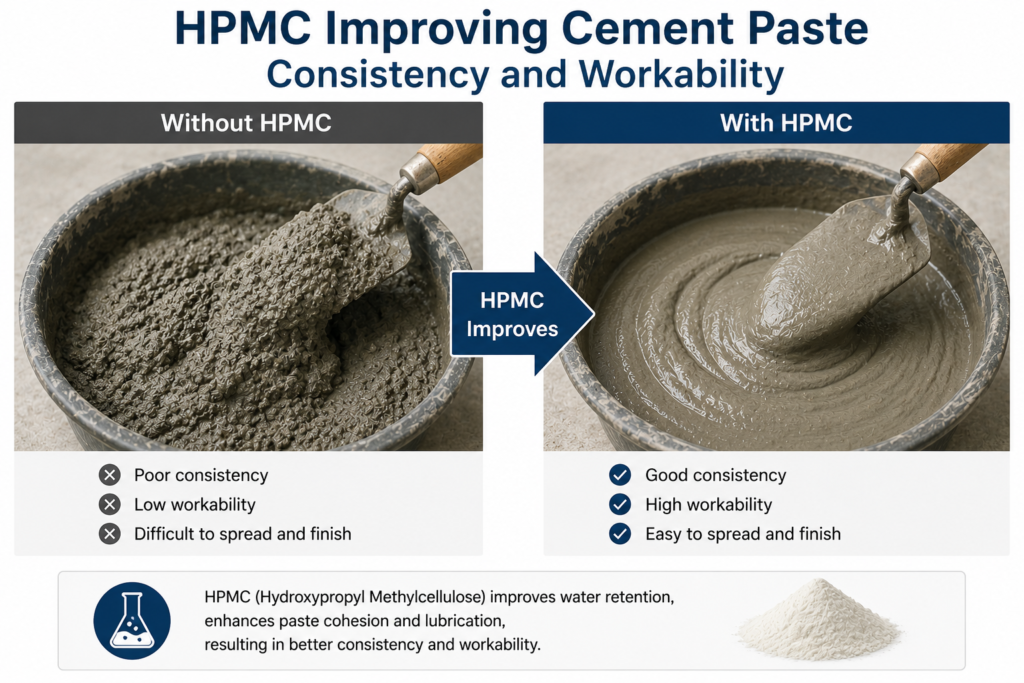 HPMC improving cement paste consistency and workability