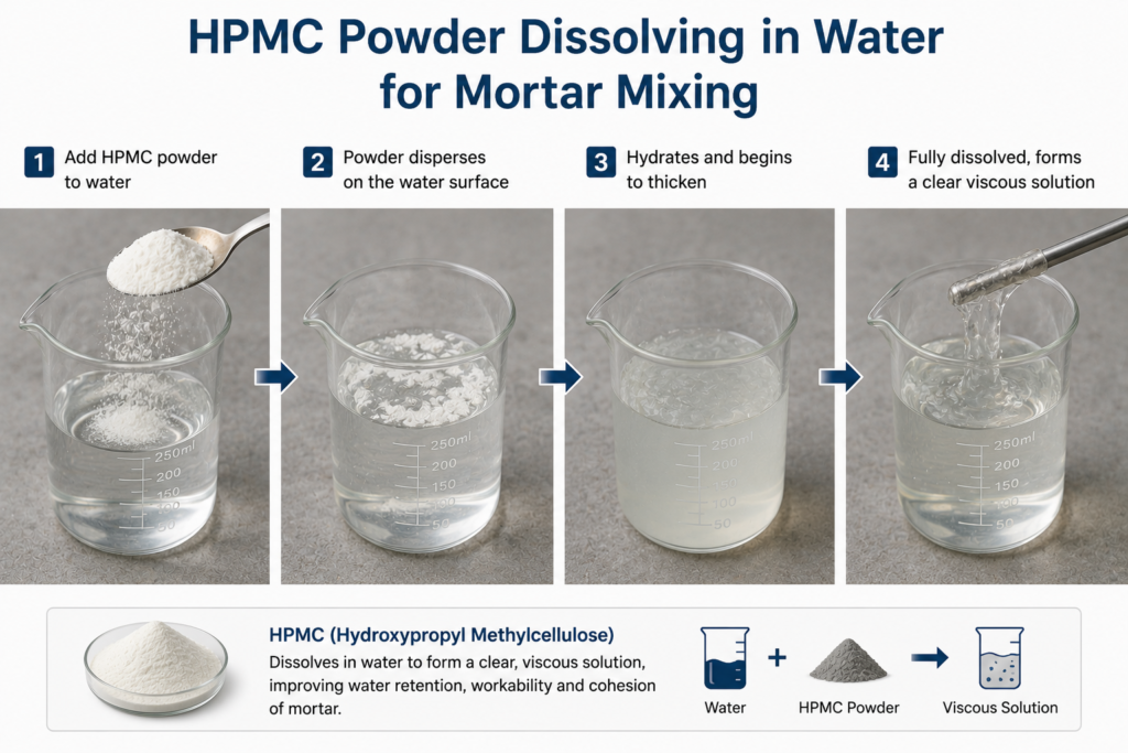 HPMC powder dissolving in water for mortar mixing