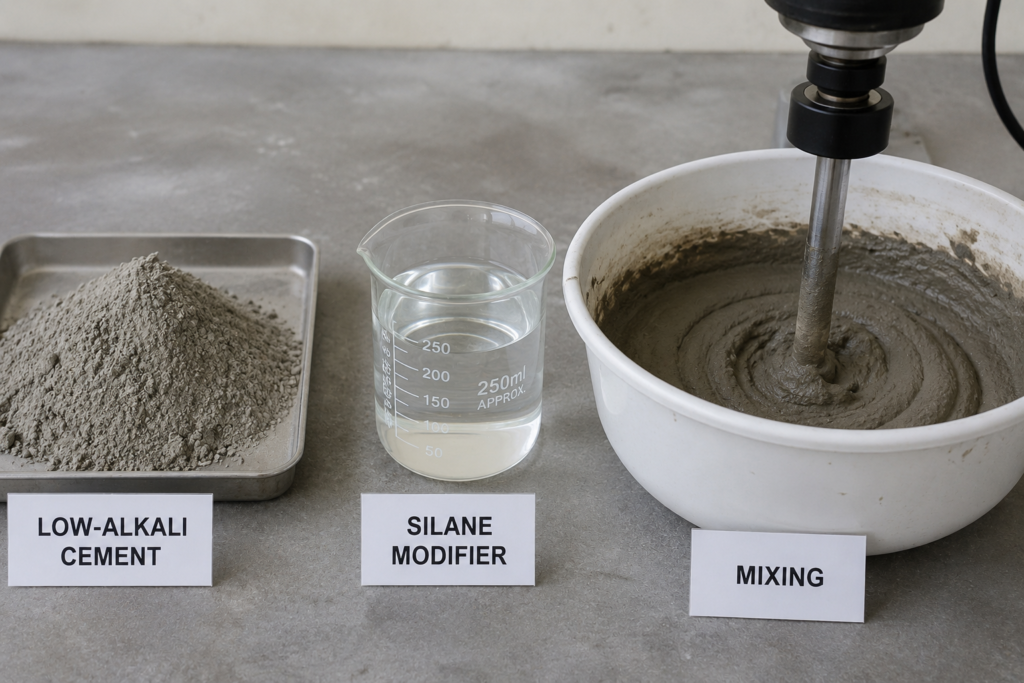 Low-alkali cement with silane modifier mixing Low-alkali cement with silane modifier mixing