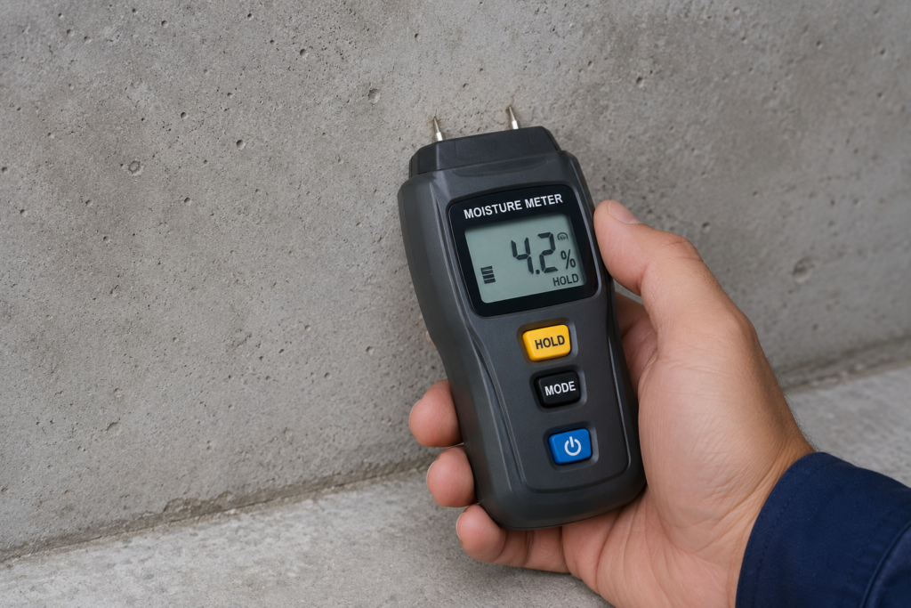 Moisture meter testing concrete surface Moisture meter testing concrete surface