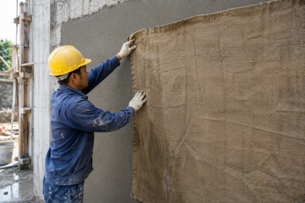 Worker applying curing blanket to fresh mortar