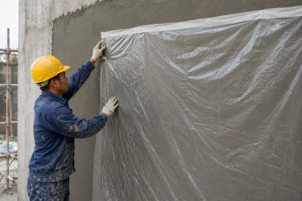 Plastic sheeting protecting fresh mortar from rapid drying