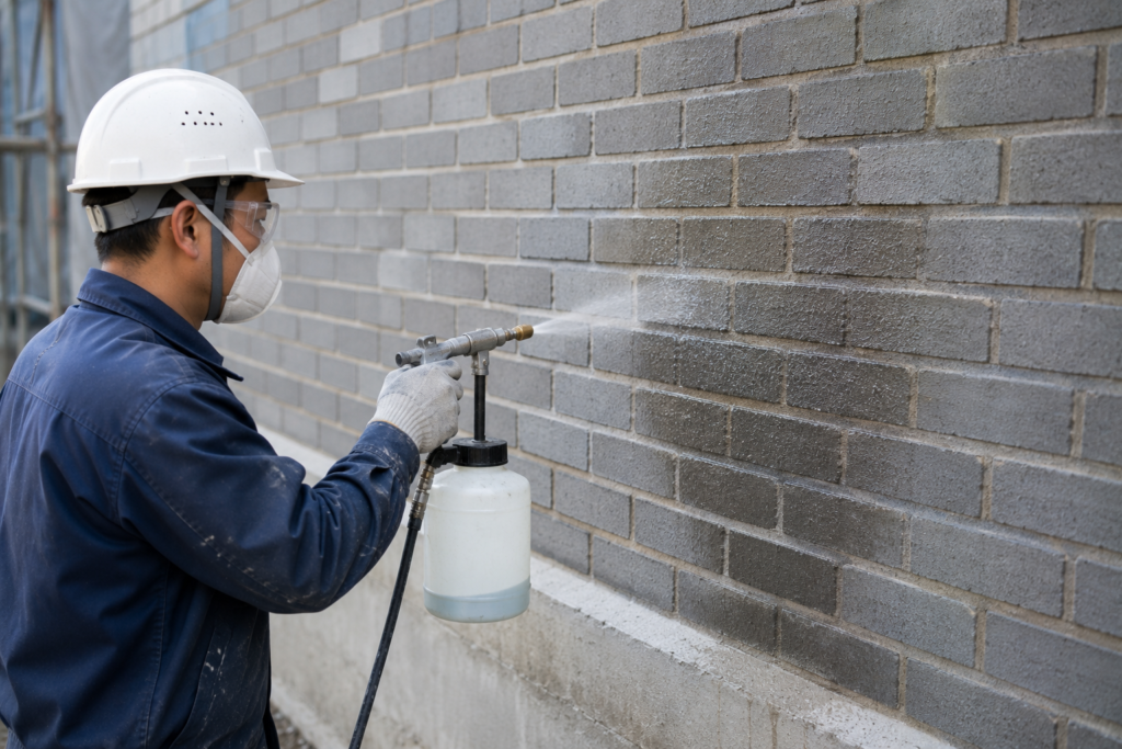 Application of mortar sealant using spray equipment
