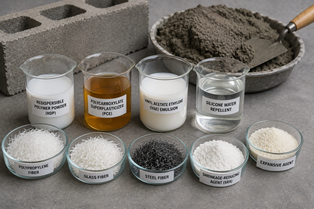 Various mortar additives including fibers and polymers