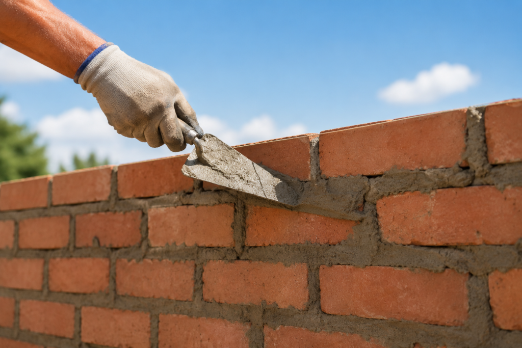 worker spraying a brick wall with a fine mist of water