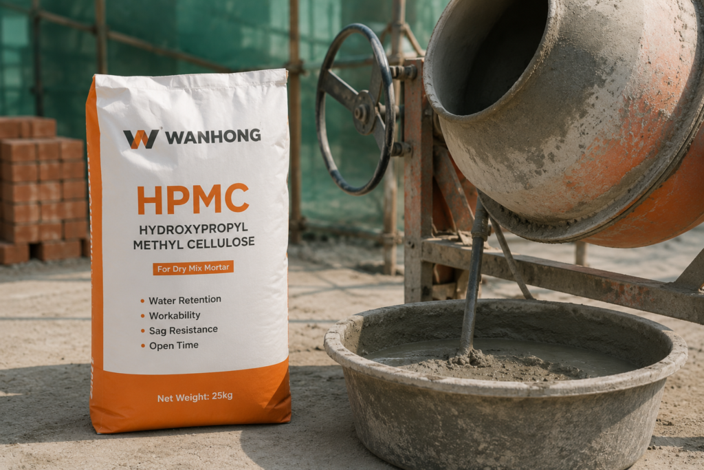 a bag of our Wanhong HPMC powder next to a mixer