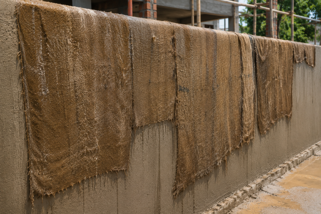 freshly plastered wall covered with wet burlap sacking