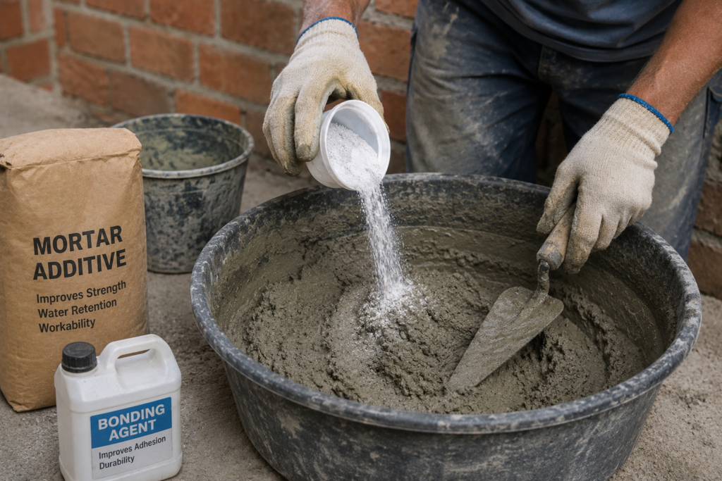 Mixing High-Performance Mortar A worker mixing mortar with additives for better performance