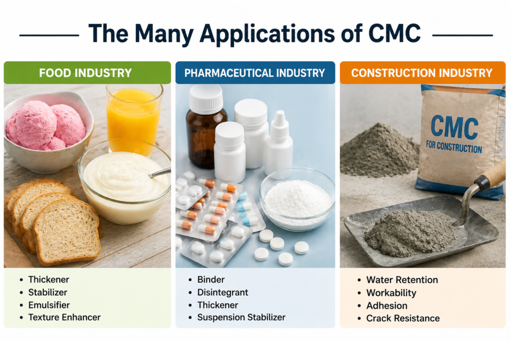 The Many Applications of Carboxymethyl Cellulose A collage showing the various uses of CMC in food, pharma, and construction