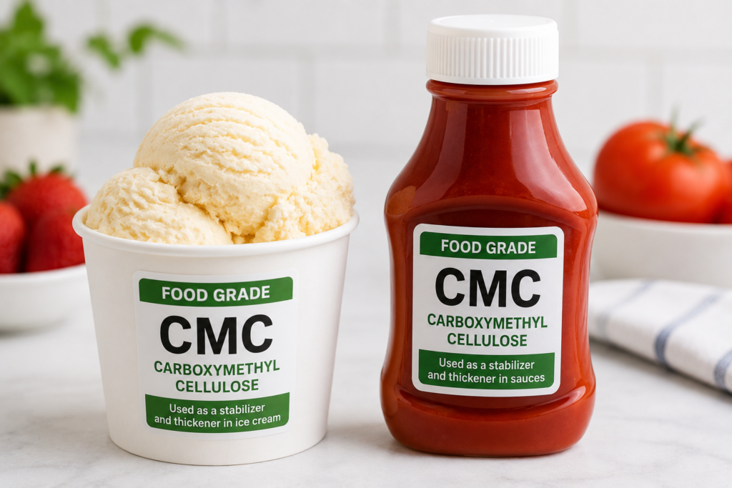 Food Grade Carboxymethyl Cellulose A picture of ice cream and a sauce bottle with food-grade CMC labels