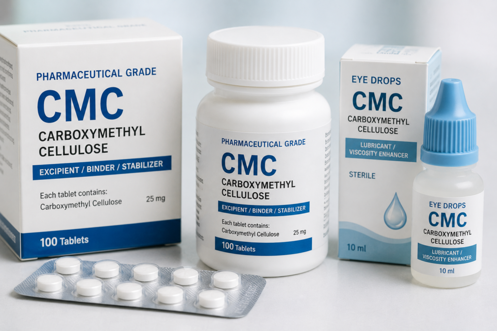 Pharmaceutical Grade Carboxymethyl Cellulose Pharmaceutical products like tablets and eye drops with CMC as an ingredient