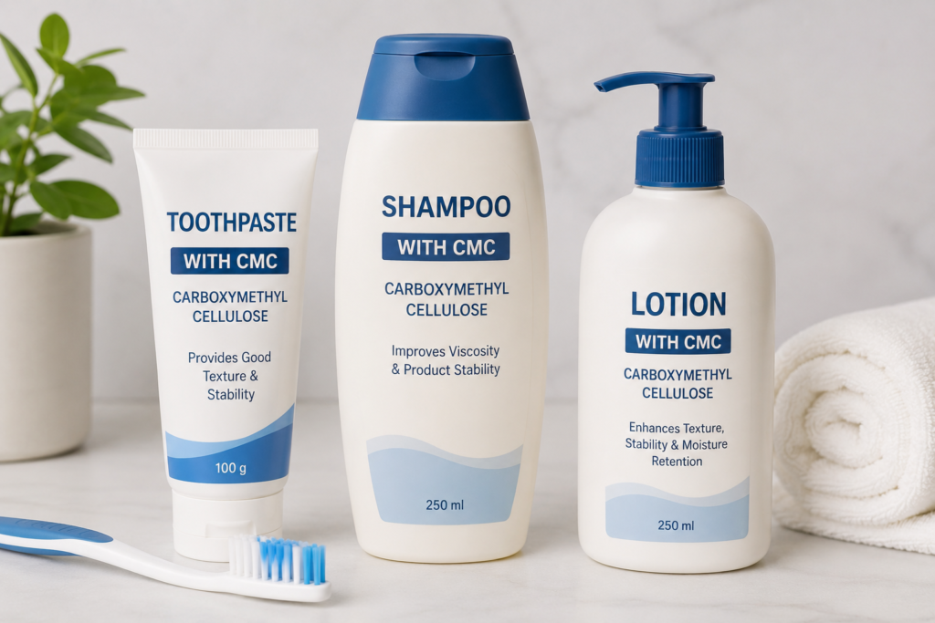 CMC in Cosmetics and Personal Care A display of personal care products: toothpaste, shampoo, and lotion