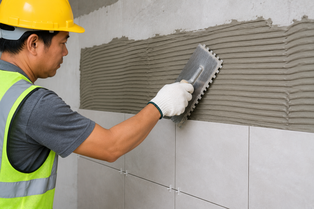 CMC in Construction Tile Adhesive A construction worker applying tile adhesive to a wall