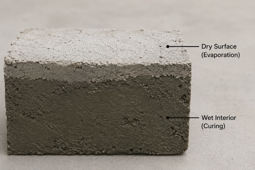 mortar drying vs curing cross section cross section of mortar showing dry surface and wet interior