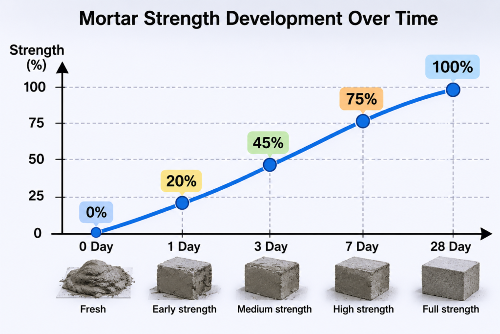 mortar curing strength timeline graph mortar strength development chart over time