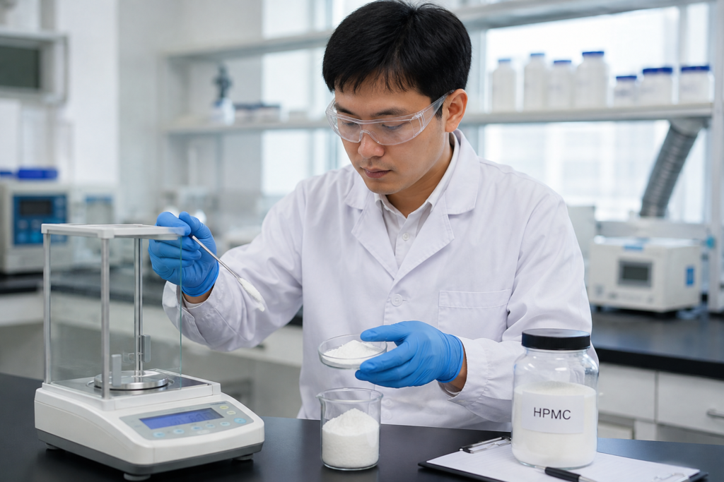 Verifying HPMC Quality A lab technician testing HPMC powder in a modern laboratory