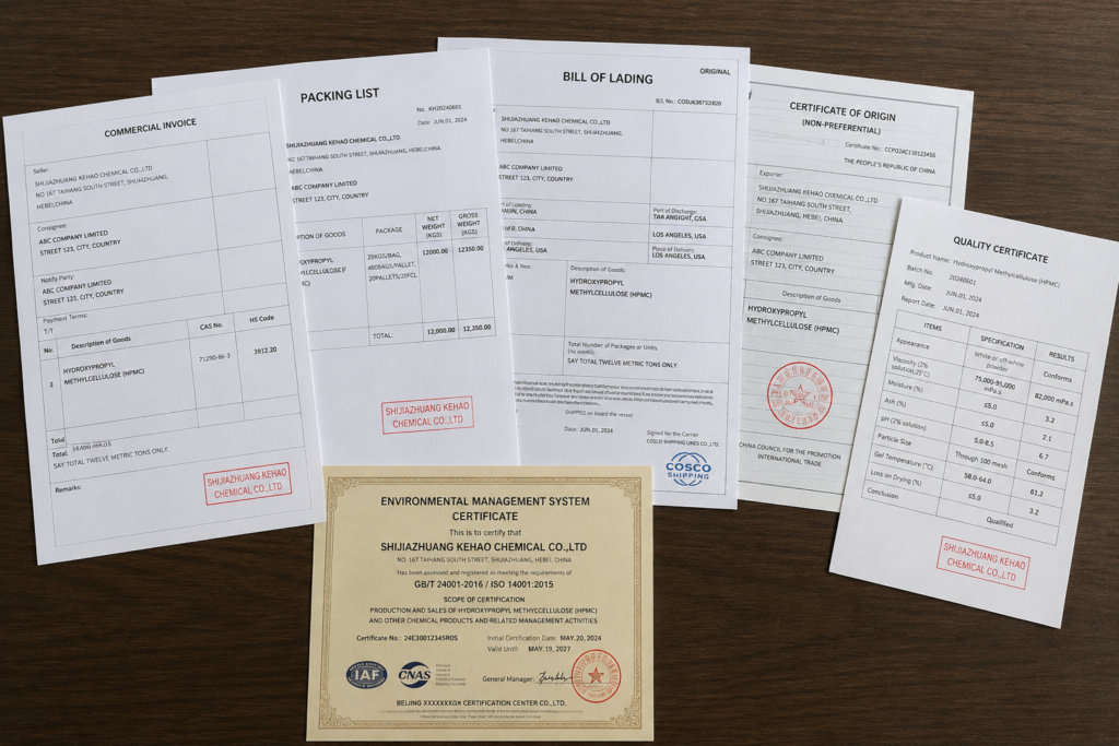 Supplier Documentation for HPMC A collection of official shipping and quality documents