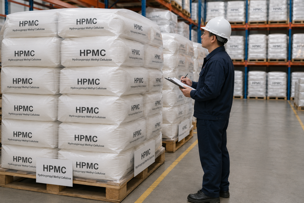 Pre-Shipment Inspection of HPMC An inspector checking bags of product in a warehouse