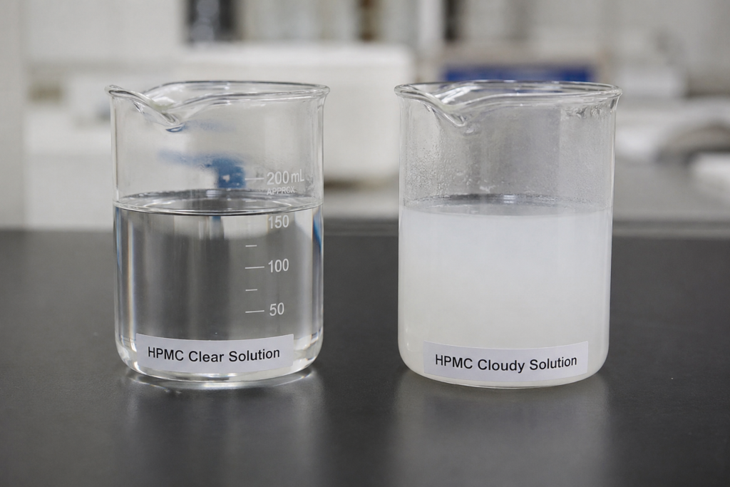 HPMC Laboratory Tests Lab beakers showing clear vs. cloudy HPMC solutions