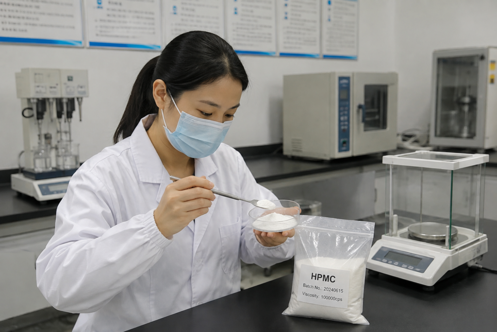 Consistent HPMC Quality Control A lab technician inspecting a sample of HPMC powder with modern equipment in the background.