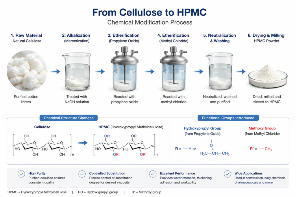 Precise Chemical Modification of HPMC A diagram showing the chemical modification process of cellulose into HPMC.