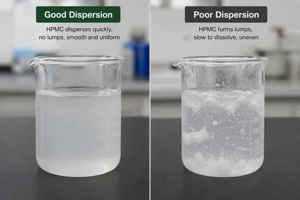 HPMC Dispersion Comparison A visual comparison of HPMC with good dispersion (smooth) vs. poor dispersion (lumpy).