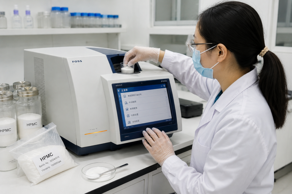 Advanced QC with NIR Technology A scientist using a Near-Infrared Spectroscopy (NIR) machine in a clean lab setting.
