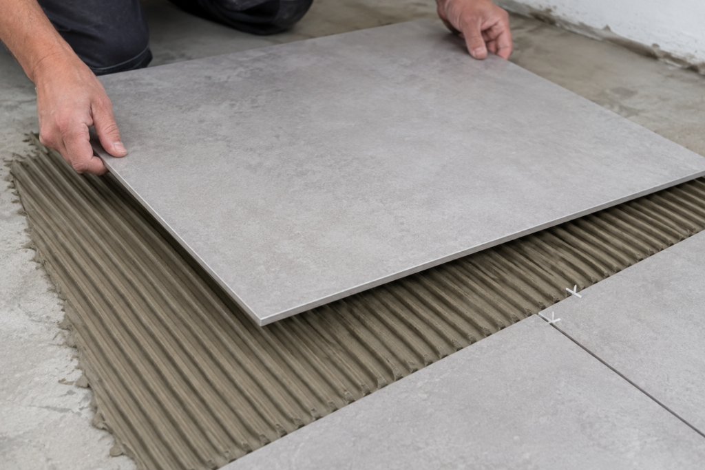 Thinset Mortar Curing Laying a large format tile on a bed of thinset mortar.