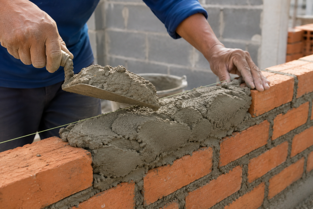 Thick Bed Mortar Masonry A bricklayer applying a thick bed of mortar for a masonry wall.