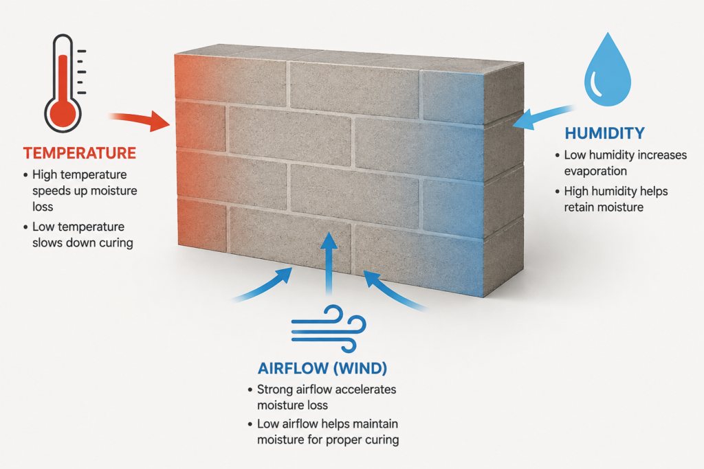 Factors Impacting Mortar Cure A diagram showing temperature, humidity, and airflow affecting a wall.