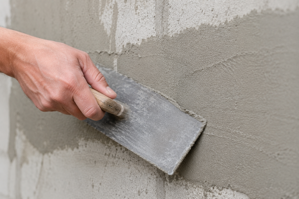 Thin Mortar Application A trowel scraping a very thin, almost transparent layer of mortar.