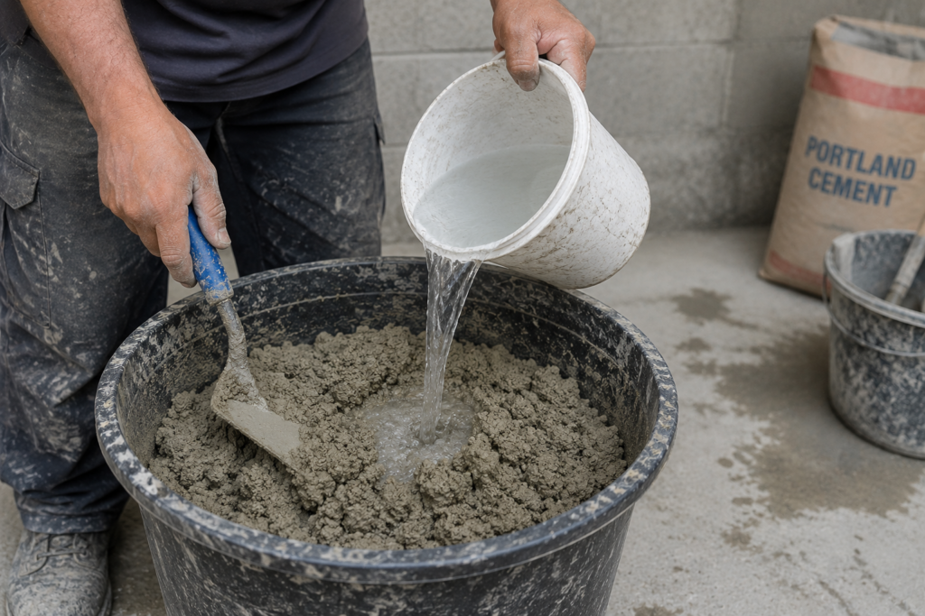 Mortar Mixing Mistakes A worker improperly adding more water to a bucket of stiff mortar.