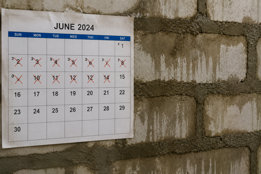 Thick Mortar Drying Time A calendar page with days being crossed off, superimposed over a damp mortar wall.