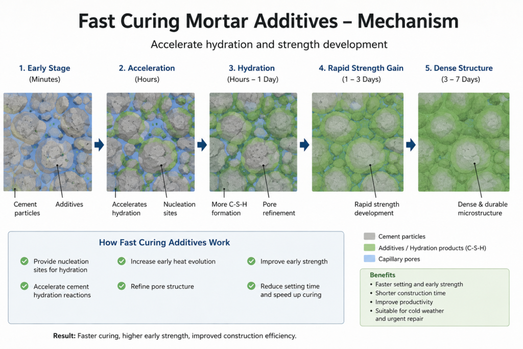 Fast curing mortar additives mechanism Fast curing mortar additives mechanism