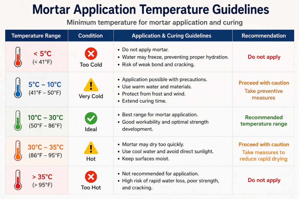 Minimum temperature for mortar application Mortar application temperature guidelines